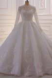 Luxurious High Neck A-line Lace Sequined Wedding Dress With Long Sleeves