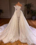 Luxurious Long White A-line Beading One Shoulder Weeding Dress With Sleeve-misshow.com