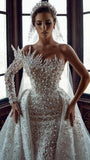 Luxurious Long White One Shoulder A-line Beading Pearls Long Sleeve Weeding Dress With Train-misshow.com