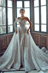 Luxurious Long White One Shoulder A-line Beading Pearls Long Sleeve Weeding Dress With Train-misshow.com