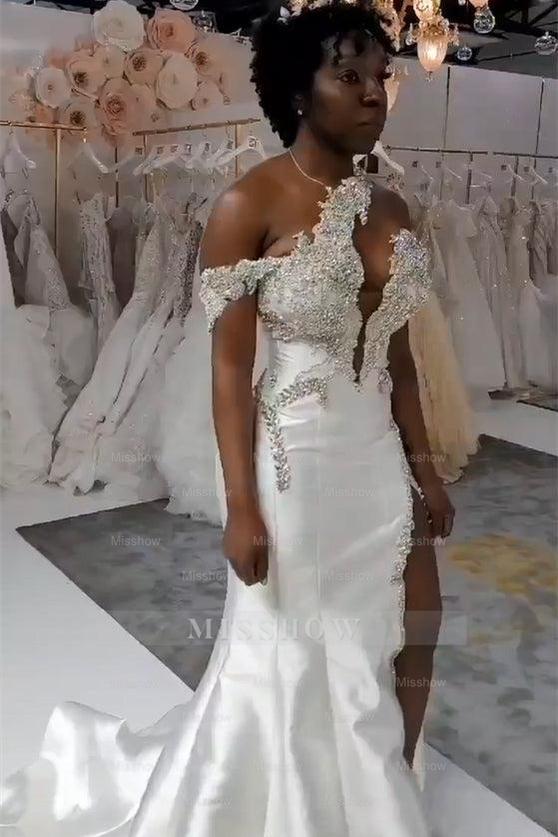 One Shoulder Wedding Dress with Jewels & Detachable Train | Misshow One Shoulder Wedding Dress with Jewels & Detachable Train | Misshow