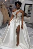 Luxurious Long White One Shoulder Sleeveless Jewel Wedding Dress With Detachable Train-misshow.com