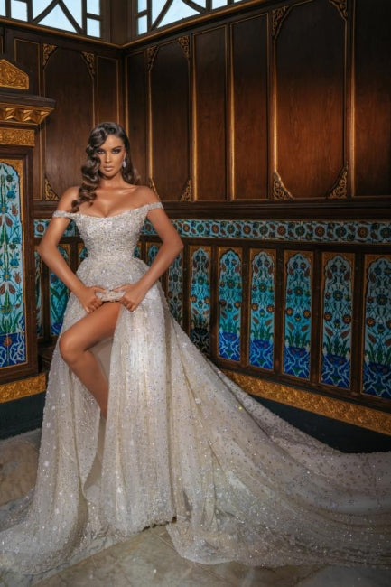Luxurious Off-the-Shoulder Shinny Crystals Ball Gown with Front Slit Chapel Train-misshow.com