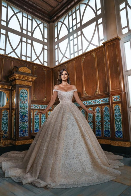 Luxurious Off-the-Shoulder Shinny Crystals Ball Gown with Front Slit Chapel Train-misshow.com