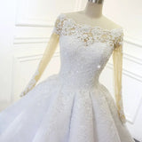 Luxurious Princess White A-line Long Sleeves Lace Wedding Dress-misshow.com