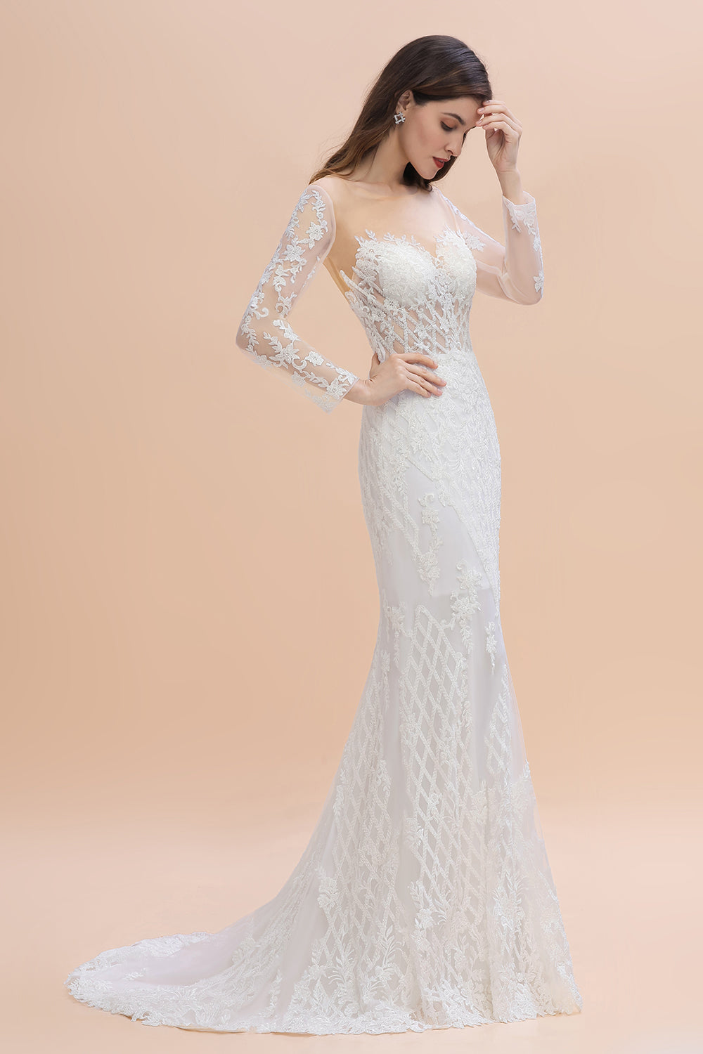 Luxury Beaded Lace Mermaid Wedding Dresses Tulle Appliques Bride Dresses with Detachable Train-misshow.com
