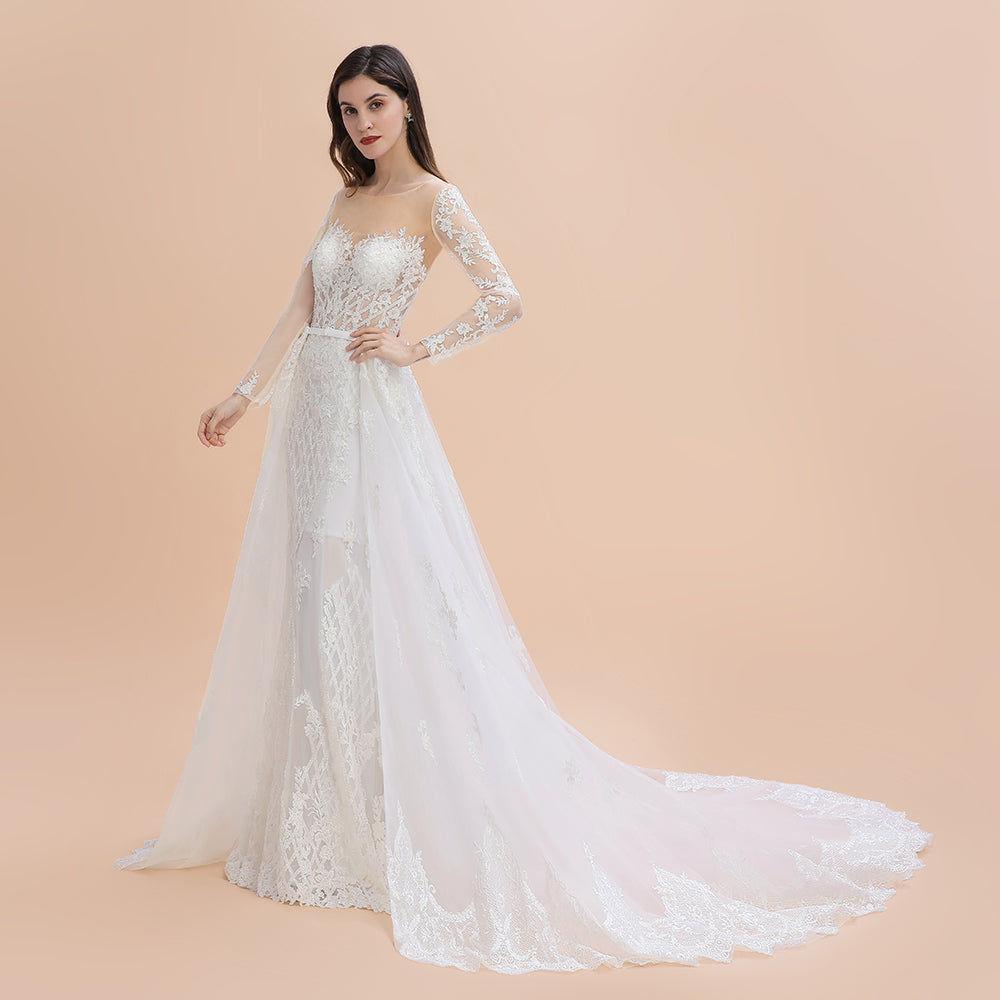 Luxury Beaded Lace Mermaid Wedding Dresses Tulle Appliques Bride Dresses with Detachable Train-misshow.com