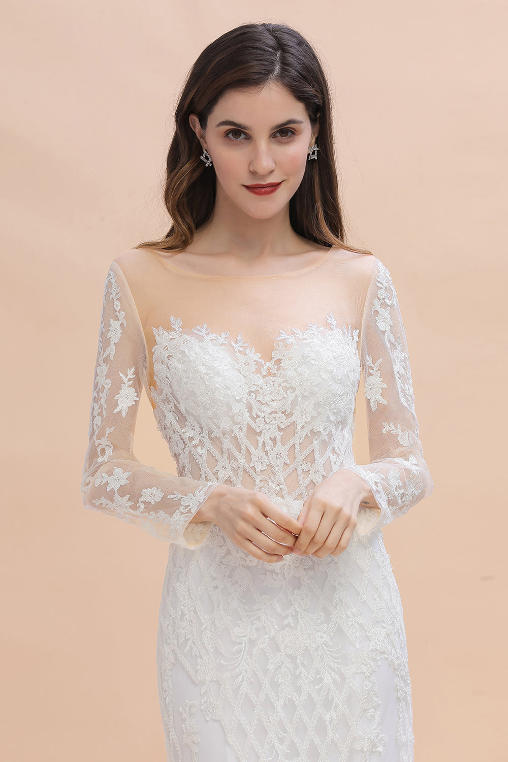 Luxury Beaded Lace Mermaid Wedding Dresses Tulle Appliques Bride Dresses with Detachable Train-misshow.com