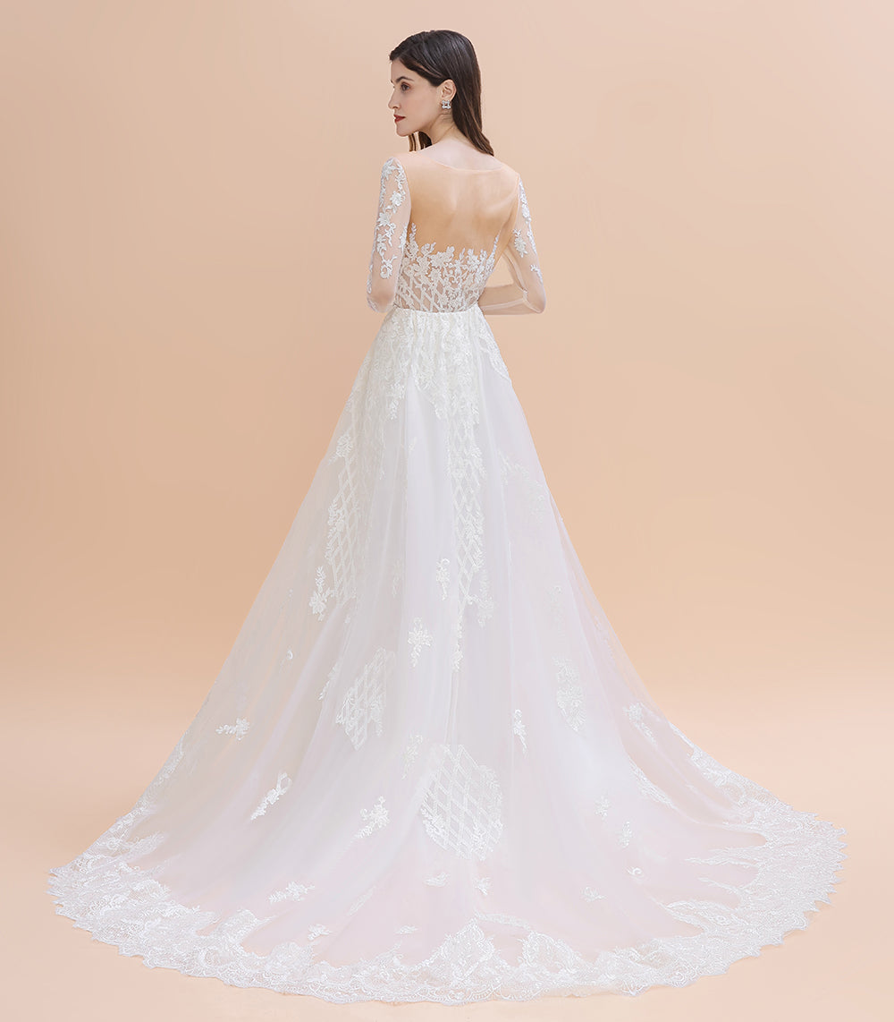 Luxury Beaded Lace Mermaid Wedding Dresses Tulle Appliques Bride Dresses with Detachable Train-misshow.com