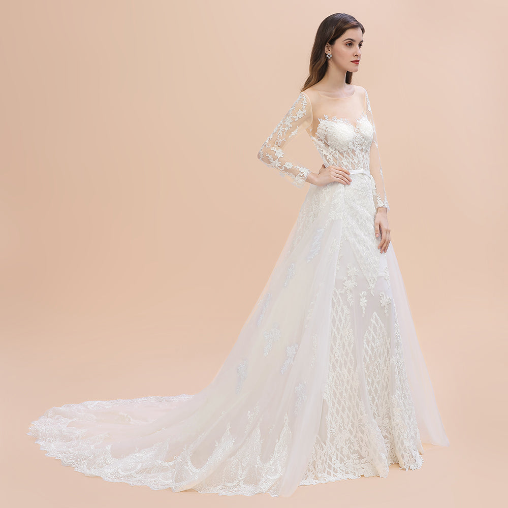 Luxury Beaded Lace Mermaid Wedding Dresses Tulle Appliques Bride Dresses with Detachable Train-misshow.com