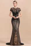 Luxury Black Covered Beaded Mermaid Prom Dress Cap Sleeves Party Dress