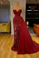 luxury Burgundy Detachable Train Mermaid Prom Evening Dresses with Lace-misshow.com