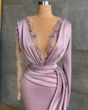 Luxury Floor-length Light Purple Ruffles Mermaid Prom Dresses With Long Sleeves-misshow.com