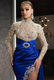 Luxury Halter Royal Blue Satin Mermaid Evening Maxi Dress Long Sleeves Crystals Gold Appliques Party Dress-misshow.com