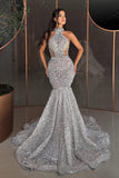 Luxury high neck sleeveless mermaid sequined prom dresses rhinestones-misshow.com
