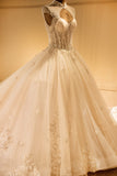 Luxury Illusion Neck Lace-up Tulle Ball Gown Wedding Dress Modest Ivory Sparkle Bridal Gowns-misshow.com