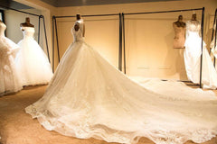 Luxury Illusion Neck Lace-up Tulle Ball Gown Wedding Dress Modest Ivory Sparkle Bridal Gowns-misshow.com