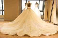 Luxury Illusion Neck Lace-up Tulle Ball Gown Wedding Dress Modest Ivory Sparkle Bridal Gowns-misshow.com