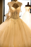 Luxury Illusion Neck Lace-up Tulle Ball Gown Wedding Dress Modest Ivory Sparkle Bridal Gowns-misshow.com