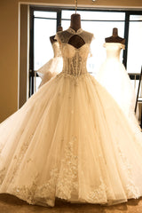 Luxury Illusion Neck Lace-up Tulle Ball Gown Wedding Dress Modest Ivory Sparkle Bridal Gowns-misshow.com