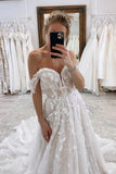 Luxury Long A-Line Off-the-shoulder Lace Wedding Dresses With Glitter-misshow.com