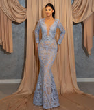 Luxury Long Blue Lace Mermaid Prom Dresses With Sleeves-misshow.com