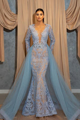 Luxury Long Blue Lace Mermaid Prom Evening Dresses With Sleeves-misshow.com