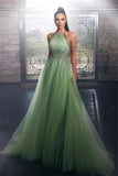 Luxury Long Green Glitter Halter Sleeveless Evening Dresses-misshow.com