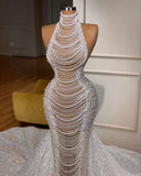 Luxury Long Mermaid Halter Beading Sleeveless Wedding Dress With Pearls-misshow.com