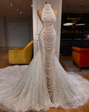 Luxury Long Mermaid Halter Beading Sleeveless Wedding Dress With Pearls-misshow.com