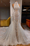Luxury Long Mermaid Halter Beading Sleeveless Wedding Dress With Pearls