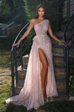 Luxury Long Pink Evening Dresses Glitter Prom Dresses With Slit-misshow.com