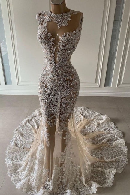 Luxury Long Sexy Mermaid Sleeveless Prom Evening Dresses With Lace-misshow.com