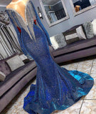 Luxury Mermaid Long Sleeve Shiny Blue Tassels Junior Prom Dresses with Court Train-misshow.com