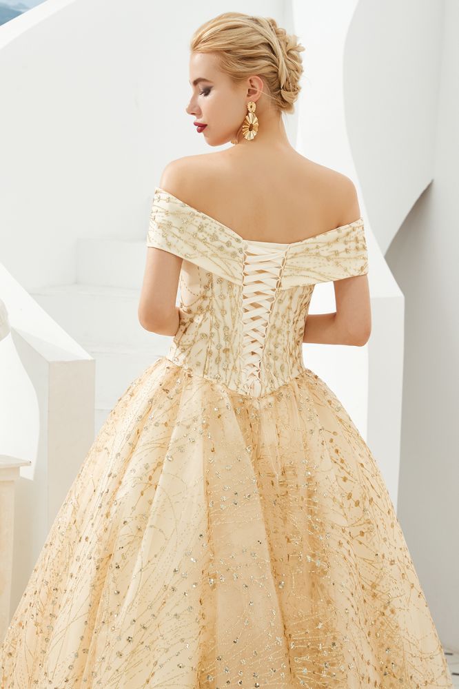 Looking for Prom Dresses,Evening Dresses,Homecoming Dresses,Quinceanera dresses in Tulle, A-line,Ball Gown,Princess style, and Gorgeous Sequined work  MISSHOW has all covered on this elegant Luxury Off-the-Shoulder Tulle Ball Gown Sequins Princess Party Gown for Girls.