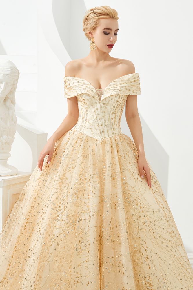 Looking for Prom Dresses,Evening Dresses,Homecoming Dresses,Quinceanera dresses in Tulle, A-line,Ball Gown,Princess style, and Gorgeous Sequined work  MISSHOW has all covered on this elegant Luxury Off-the-Shoulder Tulle Ball Gown Sequins Princess Party Gown for Girls.