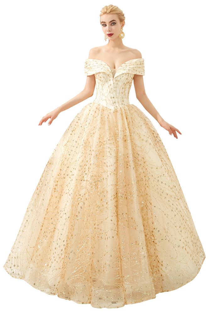 Looking for Prom Dresses,Evening Dresses,Homecoming Dresses,Quinceanera dresses in Tulle, A-line,Ball Gown,Princess style, and Gorgeous Sequined work  MISSHOW has all covered on this elegant Luxury Off-the-Shoulder Tulle Ball Gown Sequins Princess Party Gown for Girls.