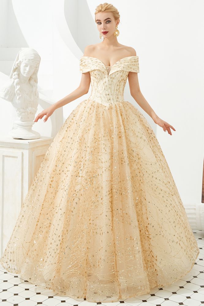 Looking for Prom Dresses,Evening Dresses,Homecoming Dresses,Quinceanera dresses in Tulle, A-line,Ball Gown,Princess style, and Gorgeous Sequined work  MISSHOW has all covered on this elegant Luxury Off-the-Shoulder Tulle Ball Gown Sequins Princess Party Gown for Girls.