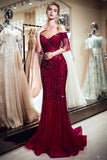 Luxury Off-the-shoulder V-neck Floor Length Sequins Evening Dress
