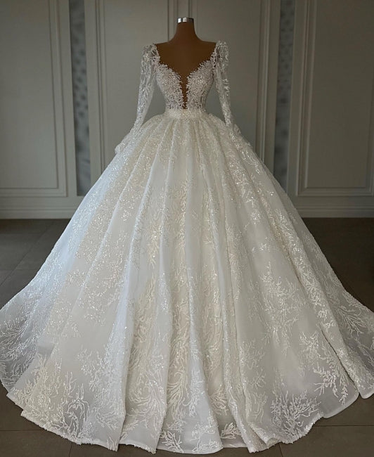 Luxury Princess A-line V-neck Lace Wedding Dresses With Long Sleeves-misshow.com