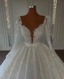 Luxury Princess A-line V-neck Lace Wedding Dresses With Long Sleeves-misshow.com