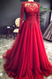 Luxury Red Evening Dresses With Sleeves Prom Dress with Lace
