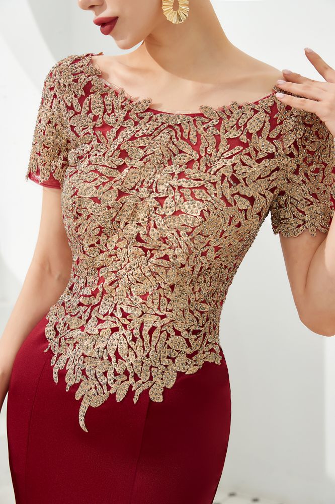 Looking for Prom Dresses,Evening Dresses,Homecoming Dresses,Quinceanera dresses in Four-sided bomb, Mermaid style, and Gorgeous Lace,Rhinestone work  MISSHOW has all covered on this elegant Luxury Short Sleeves Gold Appliques Slim Mermaid Evening Party Dress Floor Length Formal Dress.