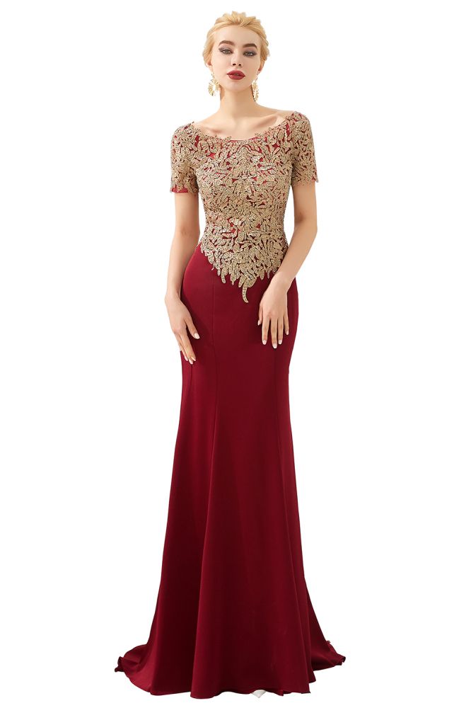 Looking for Prom Dresses,Evening Dresses,Homecoming Dresses,Quinceanera dresses in Four-sided bomb, Mermaid style, and Gorgeous Lace,Rhinestone work  MISSHOW has all covered on this elegant Luxury Short Sleeves Gold Appliques Slim Mermaid Evening Party Dress Floor Length Formal Dress.