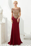 Luxury Short Sleeves Gold Appliques Slim Mermaid Evening Party Dress Floor Length Formal Dress