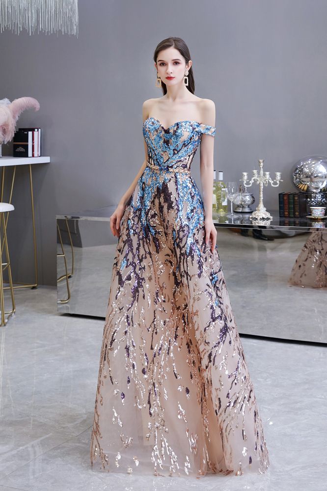 The gorgeous Luxury Sparkly Off-the-Shoulder Sequins Aline Prom Dress Floor Length will stun every girl. The Tulle,Sequined Vintage Party dress will add extra elegance to your wholesale look.