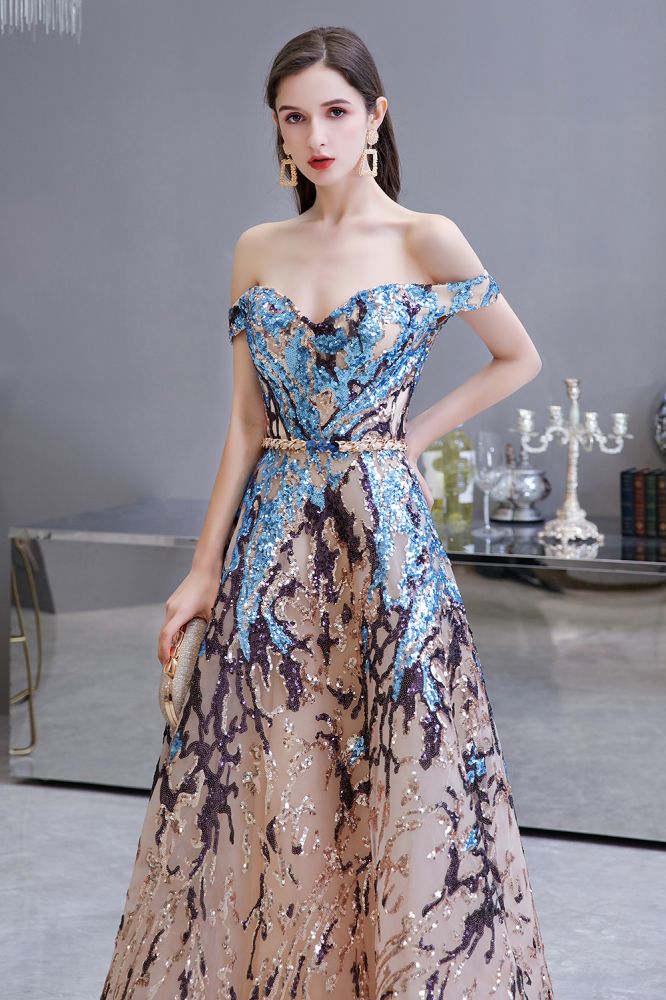 The gorgeous Luxury Sparkly Off-the-Shoulder Sequins Aline Prom Dress Floor Length will stun every girl. The Tulle,Sequined Vintage Party dress will add extra elegance to your wholesale look.