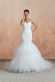Luxury V-Neck Cap Sleeve Beach Lace up White Bridal Gowns with Sequins