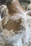 Luxury White Hollow Sweetheart Open Back Lace Long Wedding Dress with Fur Neckline-misshow.com