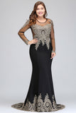 Mermaid Crew Floor Length Plus size Long Sleeves Evening Dresses with Appliques